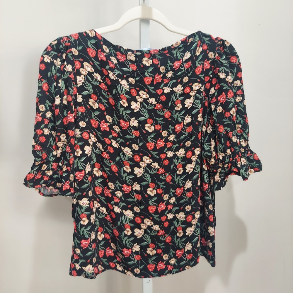 Draper James RSVP Black Floral Puff Sleeve Top XS Rayon Whimsigoth Cottagecore - Picture 5 of 8
